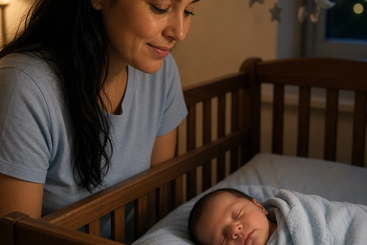 A mother with straight dark hair sitting in a bedroom looking down at her sleeping newborn baby in a crib