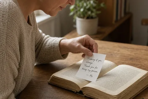 A woman's hand sliding a folded white note into an open book on a wooden desk in a home office