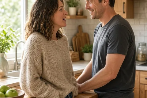 A woman calling her boyfriend 'Honey Bear' affectionately in a home kitchen as he smiles in response.