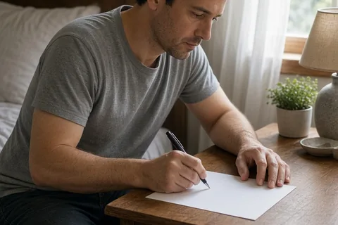 A man in his thirties with short dark hair and light stubble wearing a simple gray t-shirt and dark jeans writing on paper at a bedside table in a bedroom from a three-quarter side angle