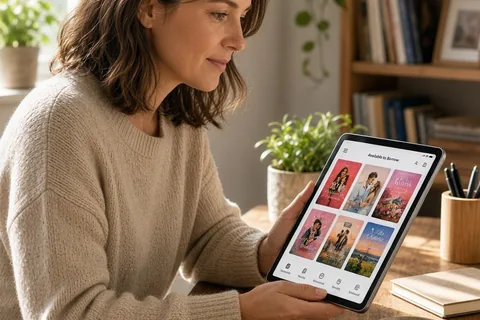 A woman in her thirties holding a tablet in a home office while looking at the screen showing romance book covers