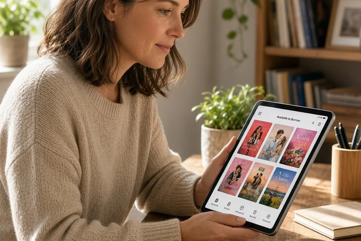 A woman in her thirties holding a tablet in a home office while looking at the screen showing romance book covers