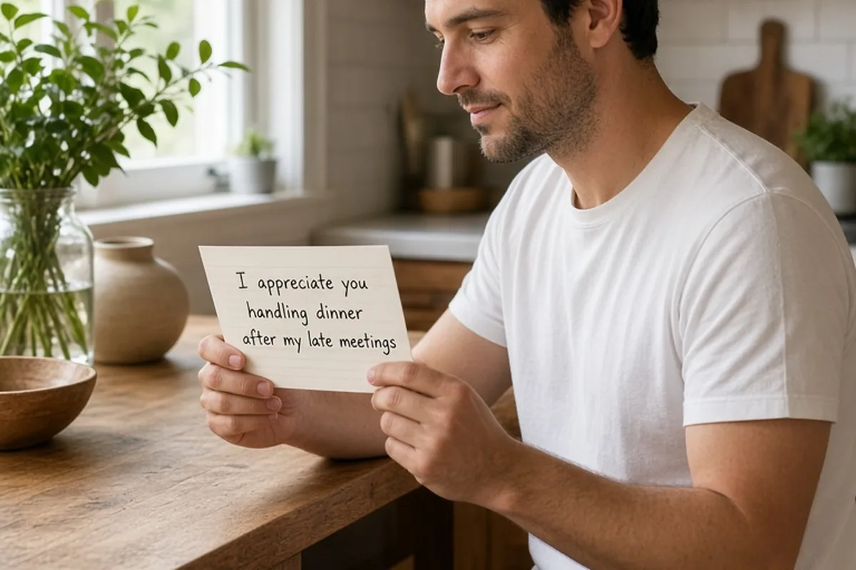 Man in casual clothes reading a handwritten appreciation note on an index card at a kitchen counter