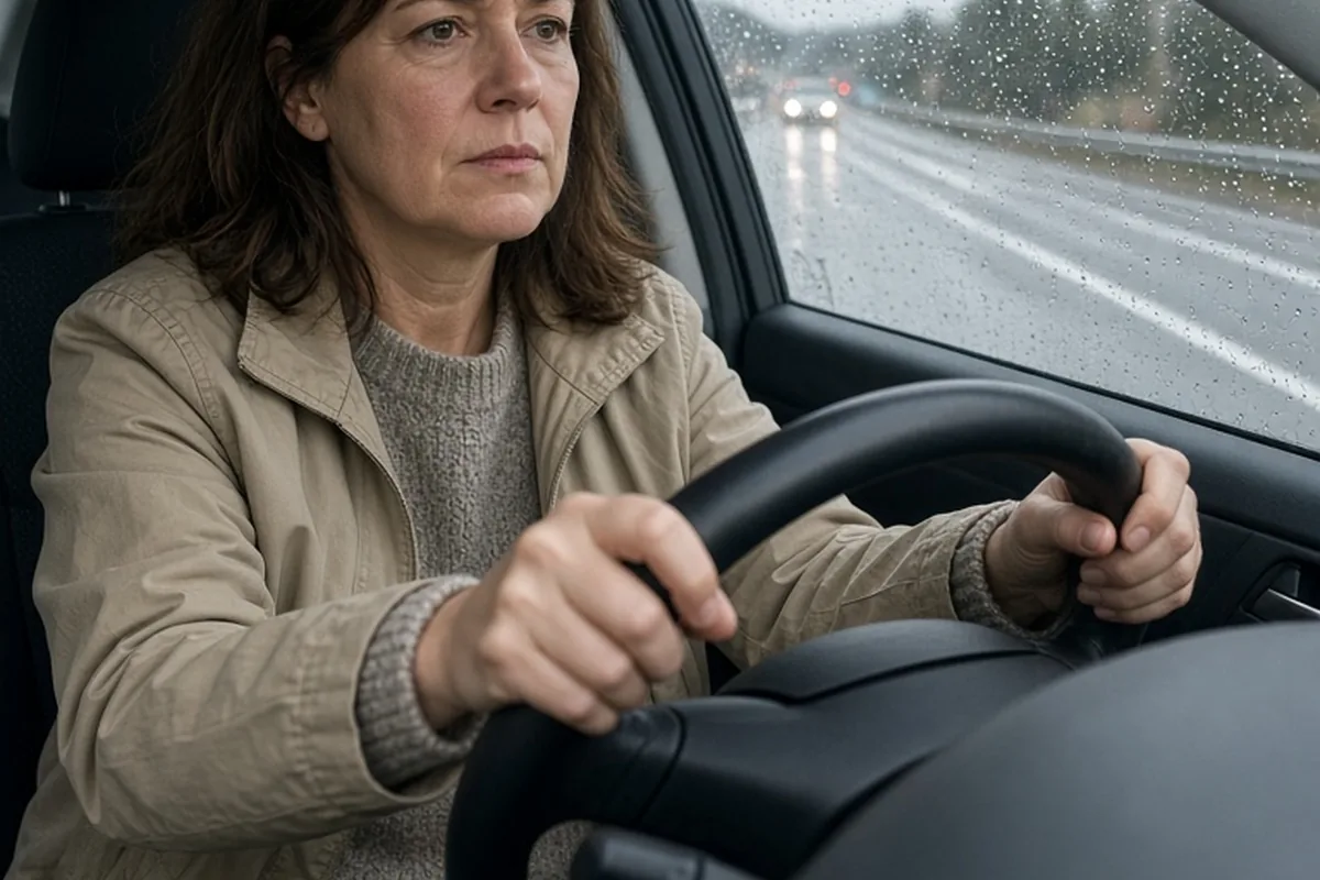 A woman with shoulder-length brown hair driving a car through heavy rain on a highway