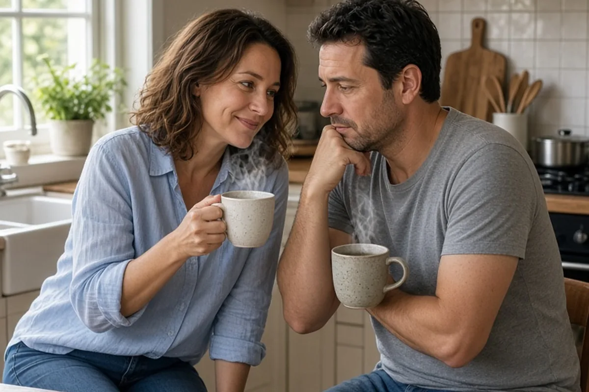A woman with shoulder-length wavy brown hair and a man with short dark hair sit at a wooden kitchen table holding coffee mugs and looking at each other