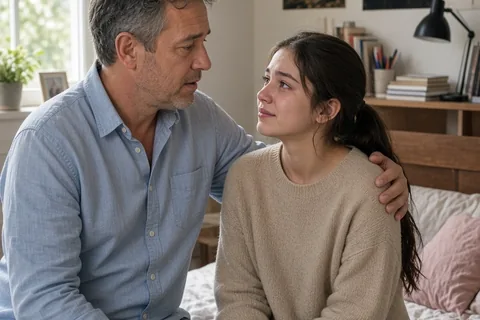 A father and his teenage daughter sitting on a bed in a bedroom, the father speaking to the daughter with an encouraging expression