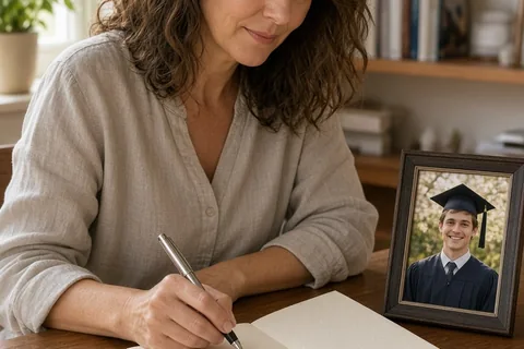 A woman in her early forties with shoulder-length wavy brown hair writing on a graduation card at a wooden desk in a bright office, with a framed photo of her son nearby.