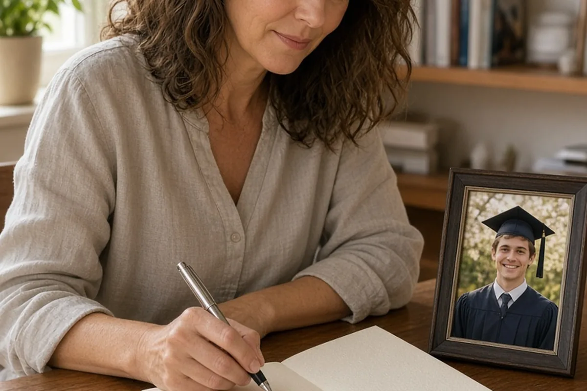 A woman in her early forties with shoulder-length wavy brown hair writing on a graduation card at a wooden desk in a bright office, with a framed photo of her son nearby.