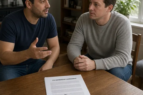Two adult men seated at a wooden table in an apartment, one gesturing while speaking to the other who listens, with a document and pen on the table between them.