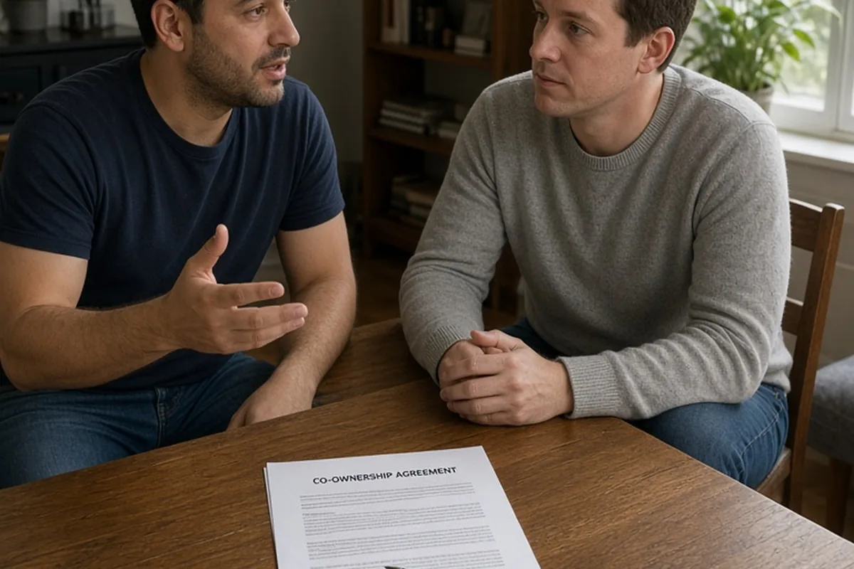 Two adult men seated at a wooden table in an apartment, one gesturing while speaking to the other who listens, with a document and pen on the table between them.