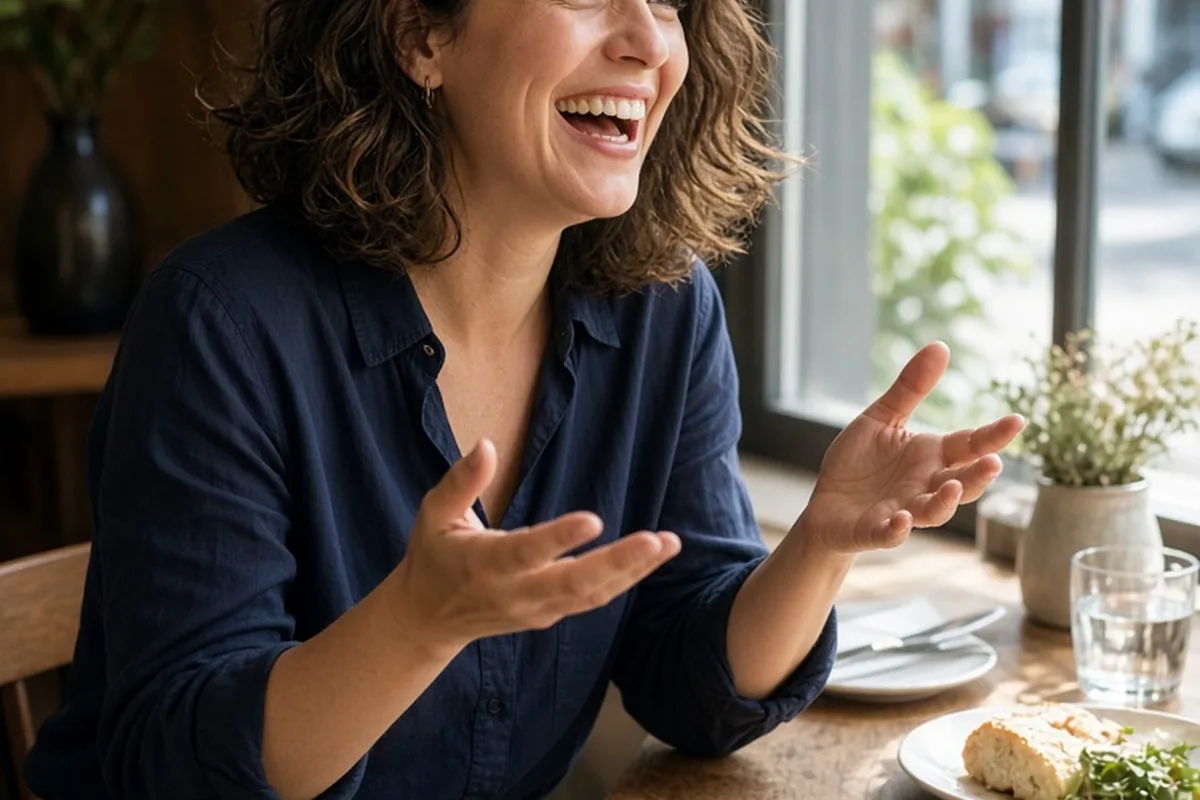 Woman with wavy brown hair laughing and gesturing while telling a story about baking at a restaurant table