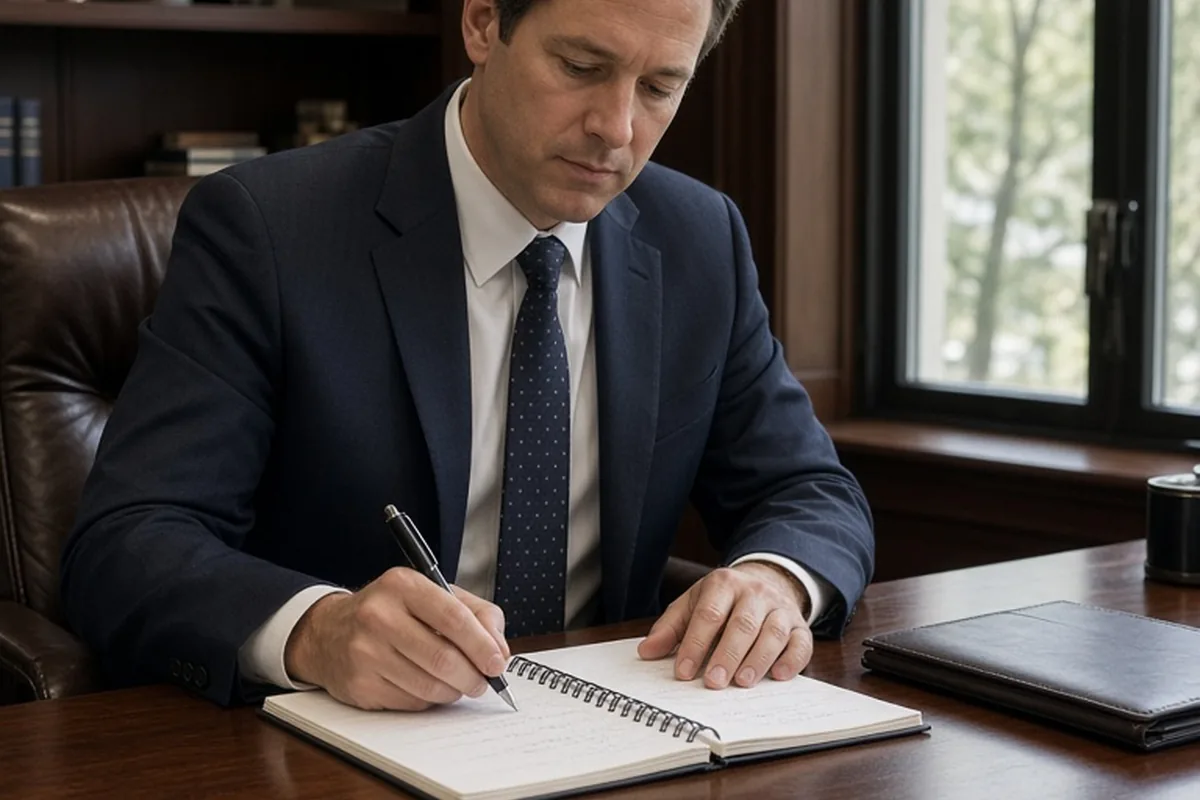 A clearly adult man in his late thirties with short brown hair wearing a dark business suit writing questions in a spiral notebook at a polished wooden desk in a modern law office