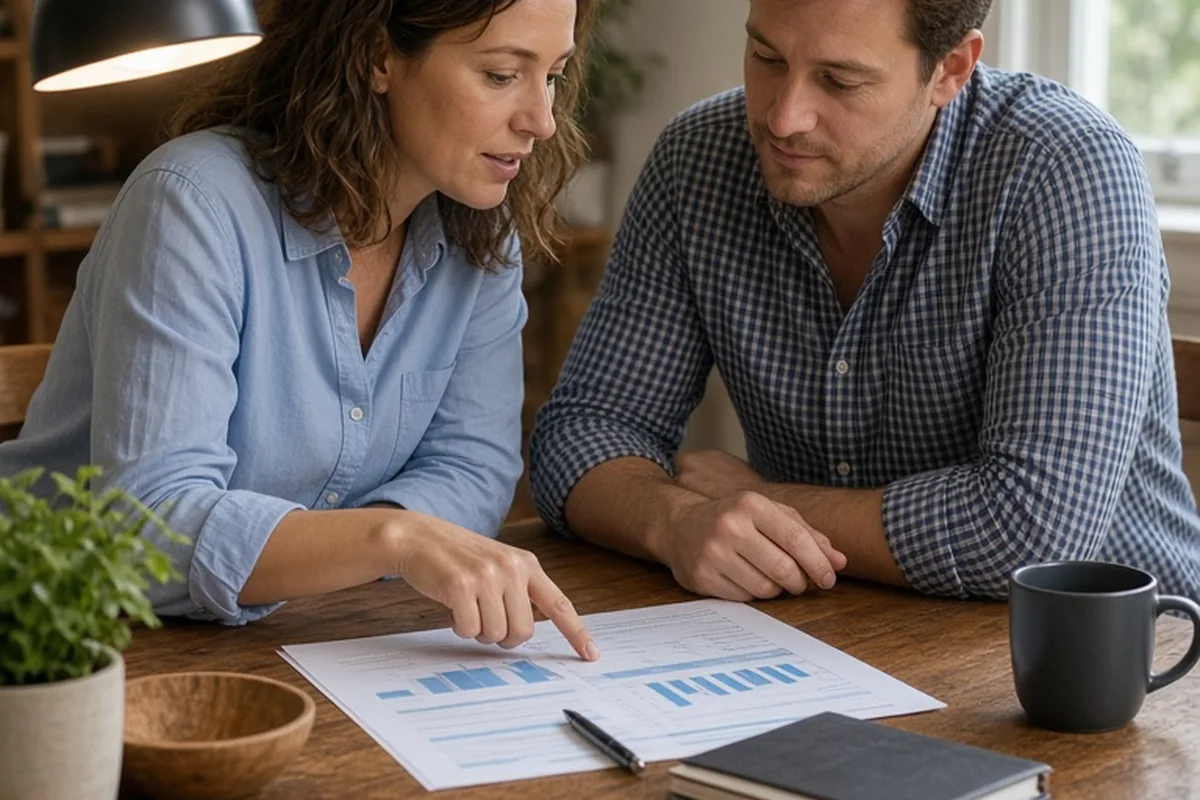 A man and woman in their thirties seated at a table reviewing financial documents together
