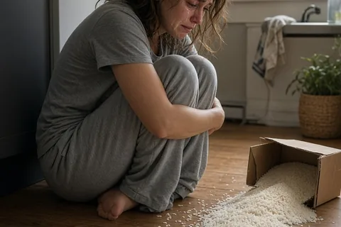 A clearly adult woman in her mid-thirties sitting on the kitchen floor with her head in her hands and tears on her face, a spilled box of rice scattered around her on the wooden floor.