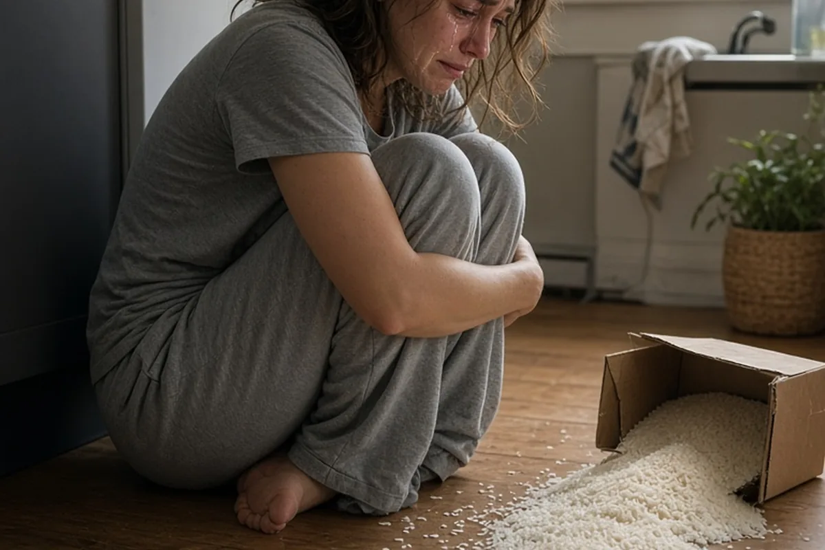 A clearly adult woman in her mid-thirties sitting on the kitchen floor with her head in her hands and tears on her face, a spilled box of rice scattered around her on the wooden floor.