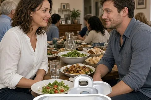Two cousins exchanging knowing side-eyes at a crowded dining table during a family reunion