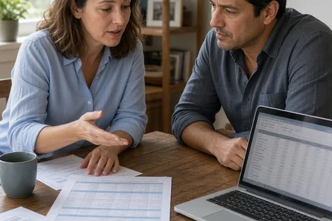 A woman and a man sitting at a wooden table reviewing financial documents together