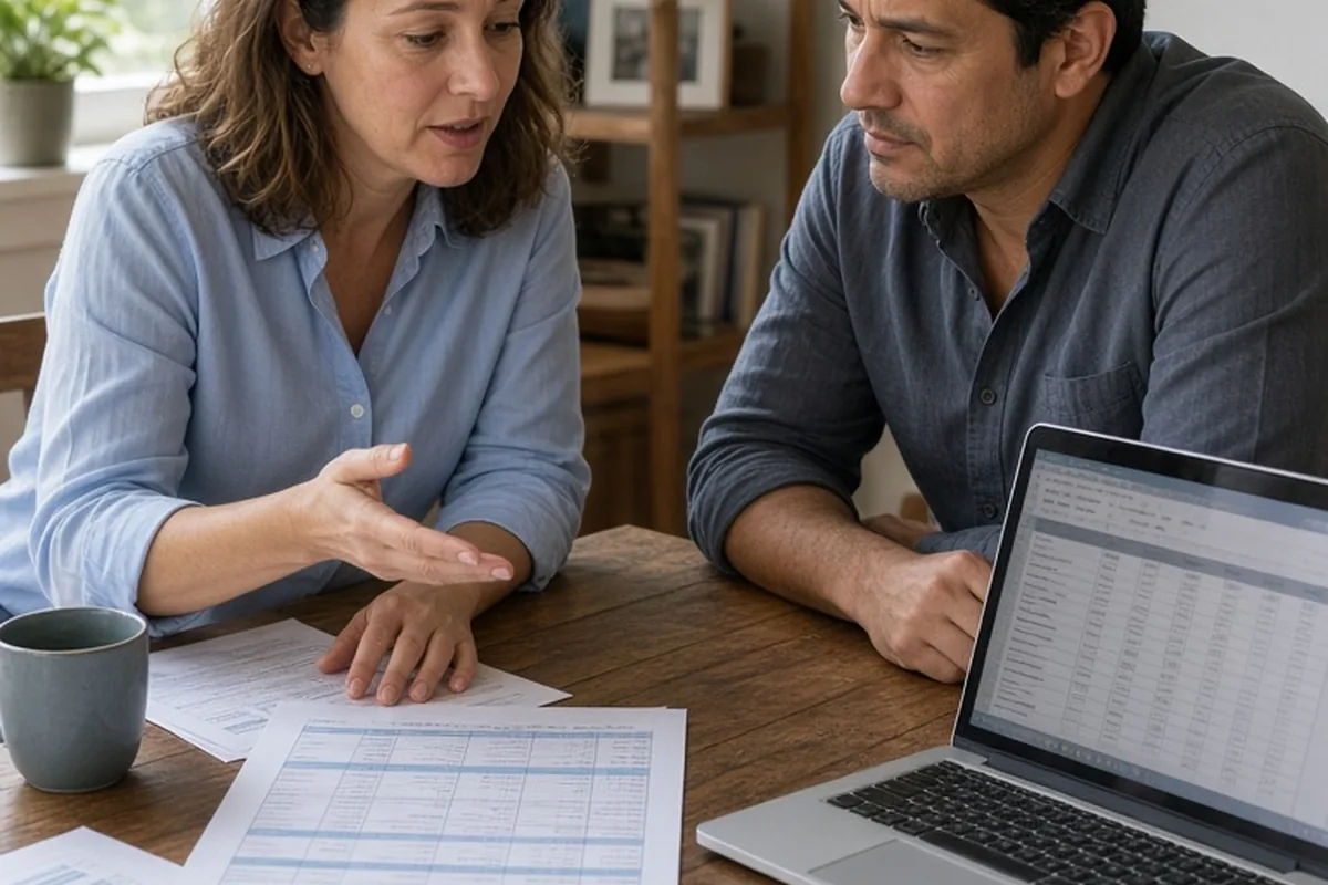 A woman and a man sitting at a wooden table reviewing financial documents together