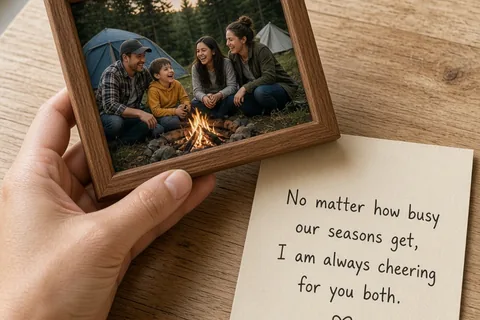 A hand holding a small framed vintage photo of a family camping trip next to a handwritten note on a wooden table.