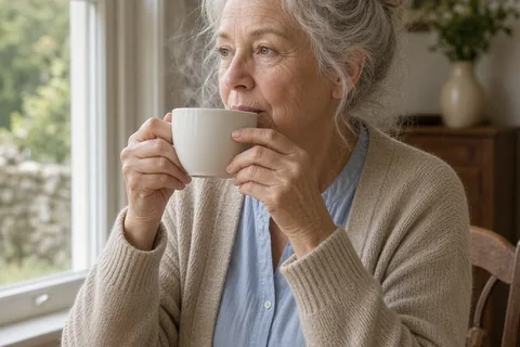 Older woman with gray hair in a cardigan sitting at a table holding a cup of tea and looking out the window