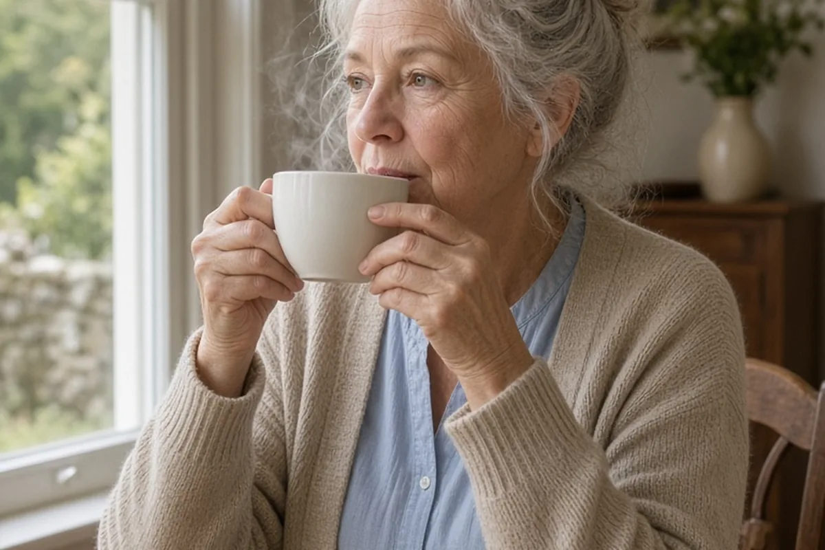 Older woman with gray hair in a cardigan sitting at a table holding a cup of tea and looking out the window