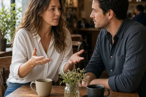 A clearly adult woman in her thirties with long wavy brown hair wearing a white blouse and jeans sits across from a clearly adult man in his thirties with short dark hair wearing a casual button-up sh