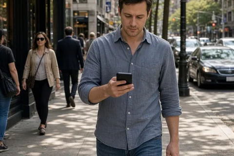 A man in his thirties walking on a city sidewalk and looking at his phone