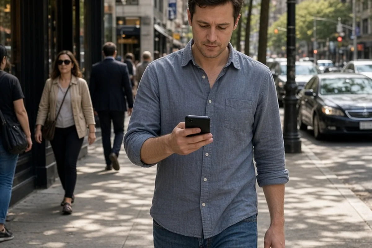 A man in his thirties walking on a city sidewalk and looking at his phone