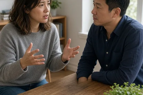 A woman in her thirties speaking to a man in his thirties at a wooden table in a modern apartment, engaged in an honest conversation about relationship issues.