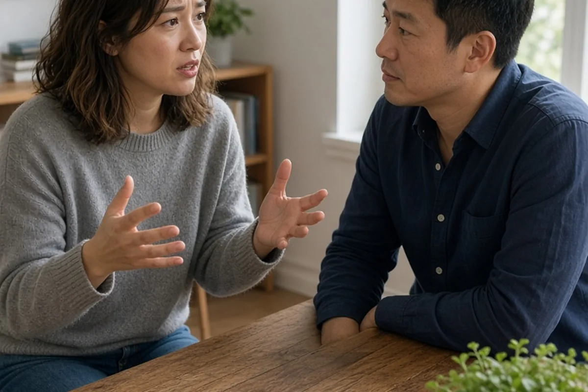 A woman in her thirties speaking to a man in his thirties at a wooden table in a modern apartment, engaged in an honest conversation about relationship issues.