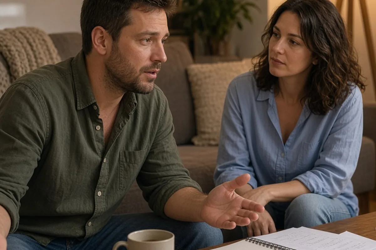 A man gesturing while speaking to a woman at a wooden table in a home living room, capturing a moment of active listening during a conversation.
