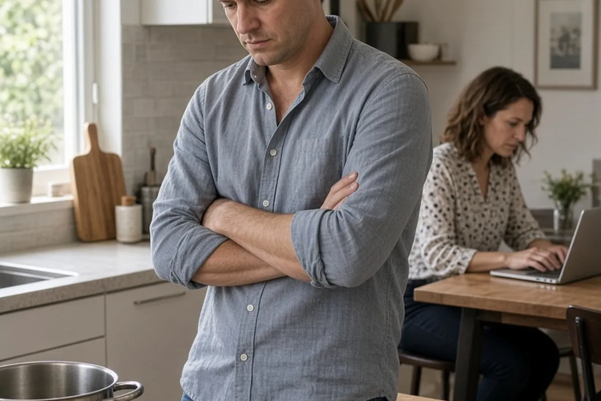 A man in his thirties with short brown hair wearing a casual shirt stands tense in a kitchen next to a stove with a pot, while a woman in the background types on a laptop