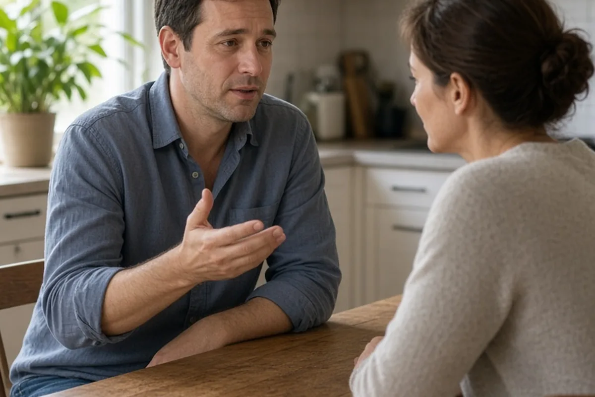 A man in his thirties with short brown hair wearing a casual button-up shirt and jeans sits across from his wife at a wooden dining table as he speaks to her calmly.