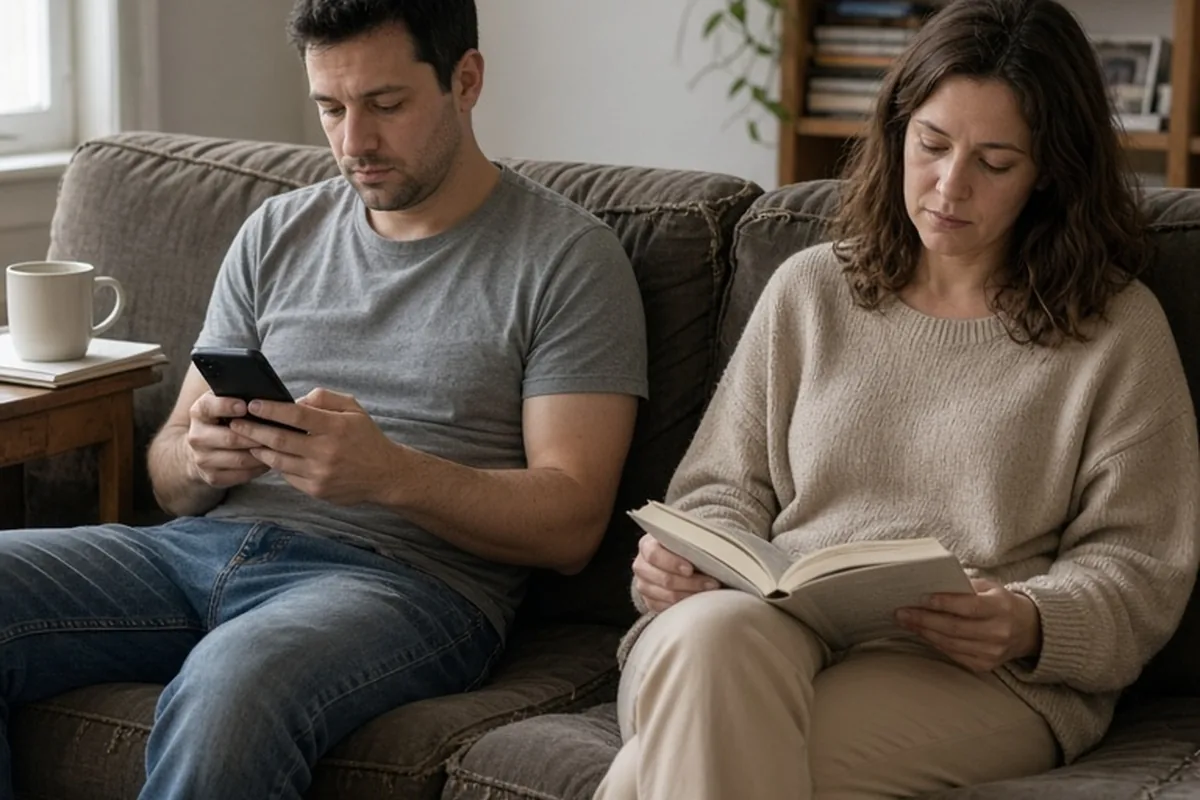 A man and a woman sitting on a couch, one using a smartphone and the other reading a book, showing emotional disconnection