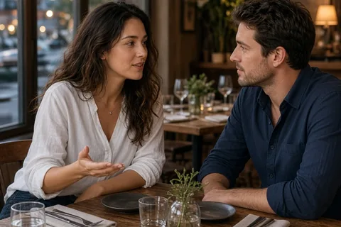 A woman and a man seated at a restaurant dinner table engaged in a calm conversation, the woman extending an invitation to discuss their schedules and connection.