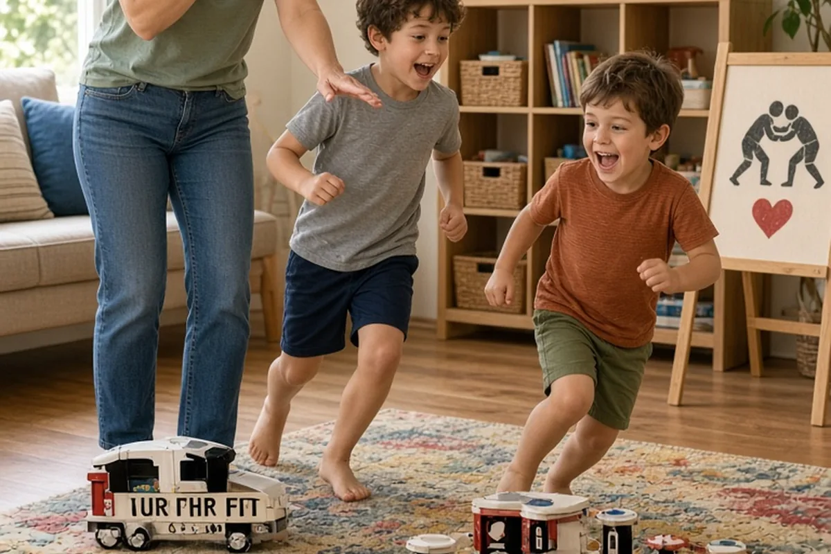 A mid-thirties mother with wavy brown hair directing two young boys to a designated rug in a playroom while holding a referee whistle