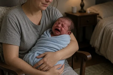 tired new mother in pajamas gently rocking a crying newborn baby with tears on its face in a dimly lit bedroom at night