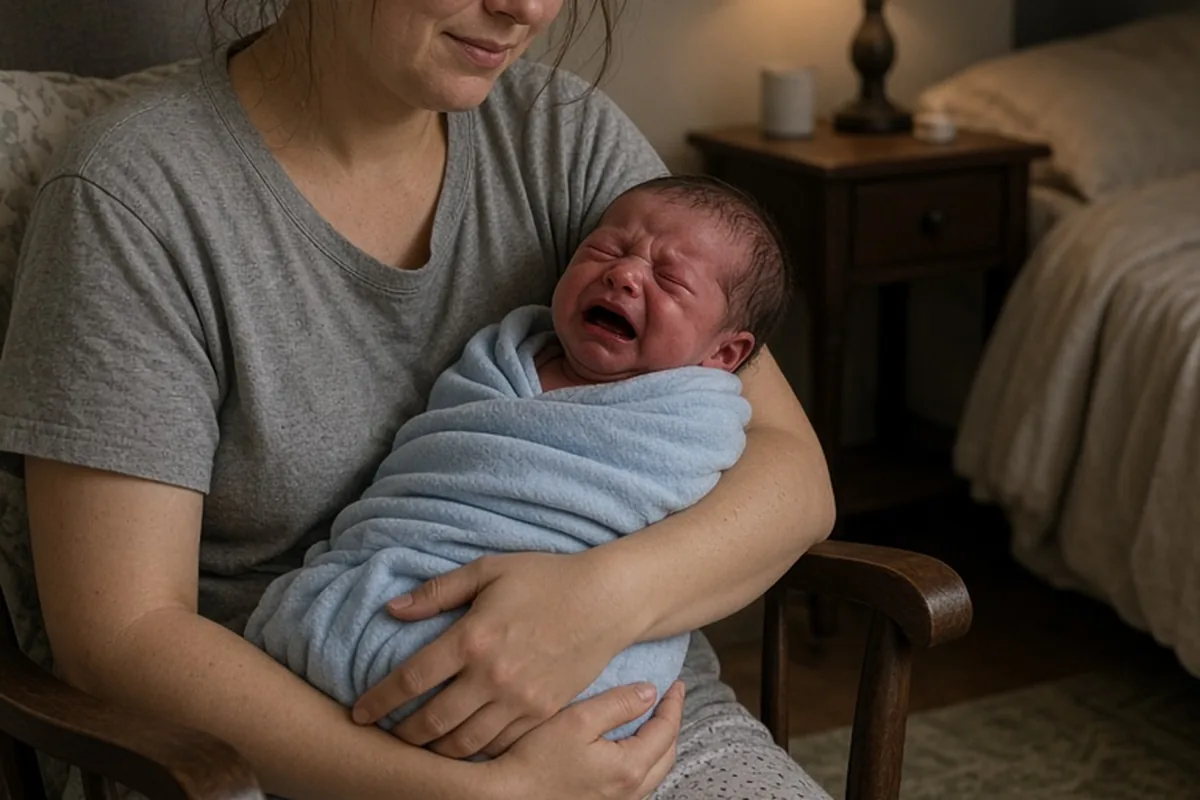 tired new mother in pajamas gently rocking a crying newborn baby with tears on its face in a dimly lit bedroom at night