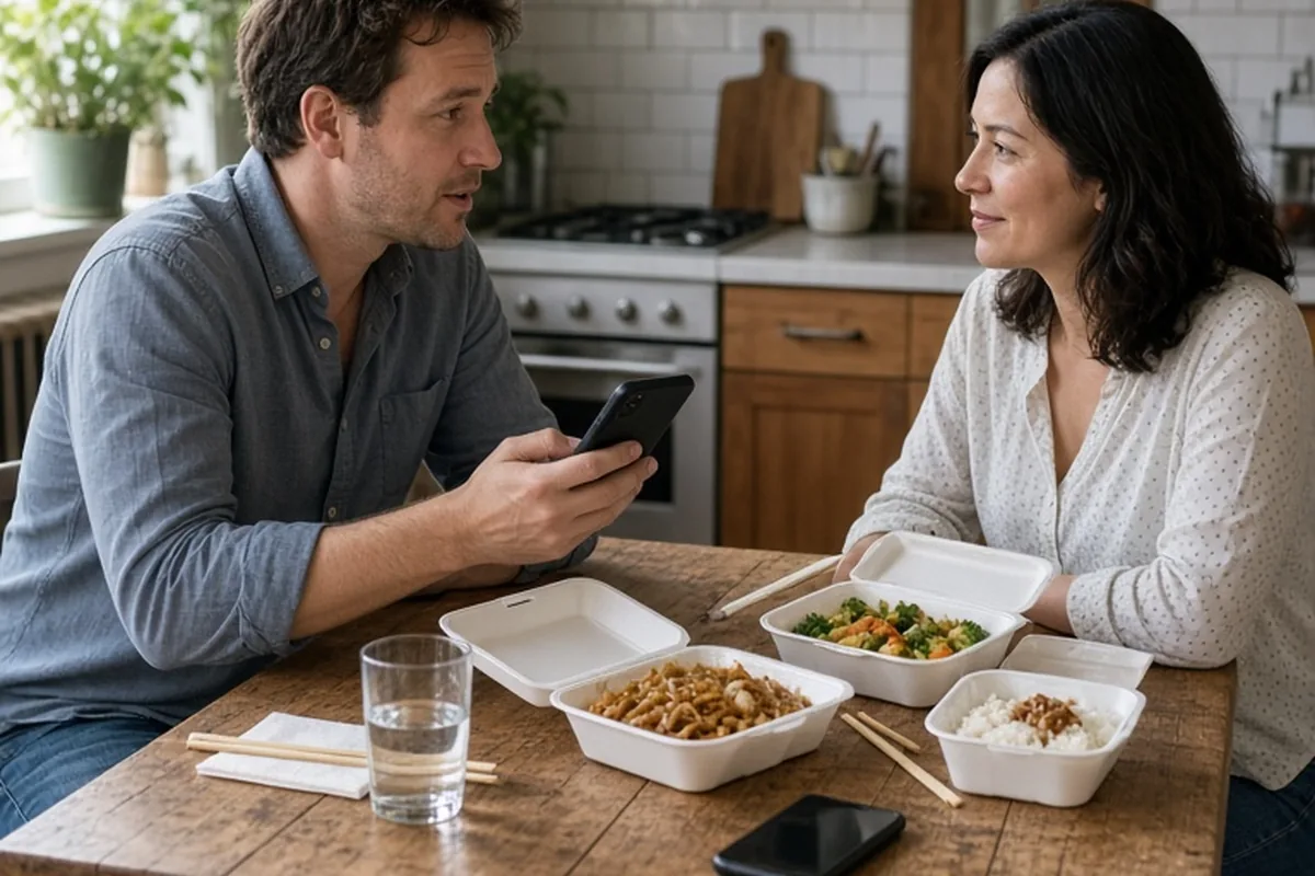 Marcus and Elena at a wooden dining table with open takeout containers and a smartphone, engaged in conversation.