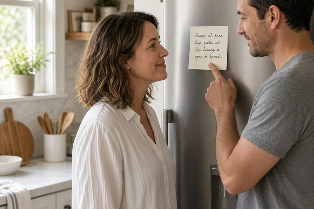 A couple in a kitchen placing a handwritten quote on the refrigerator and discussing it together