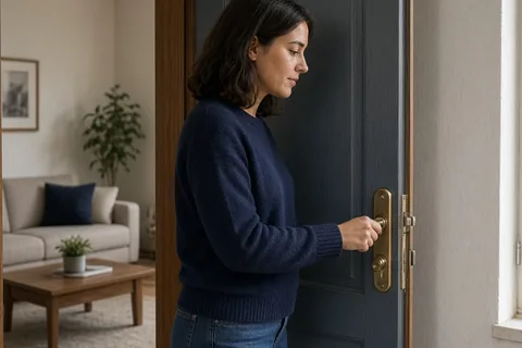 A woman in her mid-twenties with shoulder-length dark brown hair standing at her apartment door holding keys as she prepares to leave after ending the relationship.