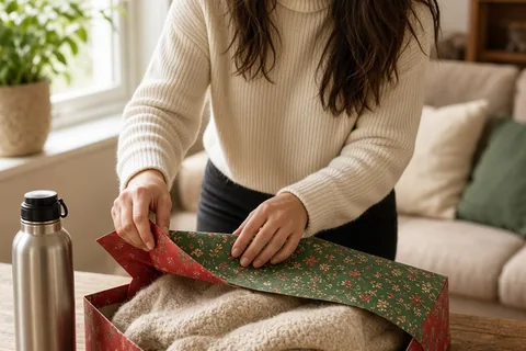 A clearly adult woman with long dark brown hair wearing a cream-colored turtleneck sweater and dark pants carefully wrapping a gift box on a wooden table, with a warm wool blanket, an insulated thermo