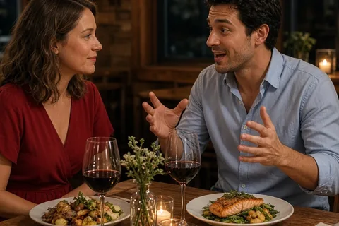 A couple at a restaurant table, the man gesturing while describing an off-grid cabin in coastal Maine as the woman listens attentively