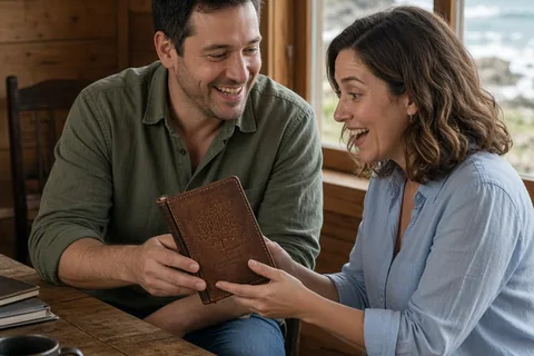 A clearly adult man in his thirties handing a handcrafted leather notebook to a clearly adult woman in her mid-thirties inside a sunlit coastal cabin