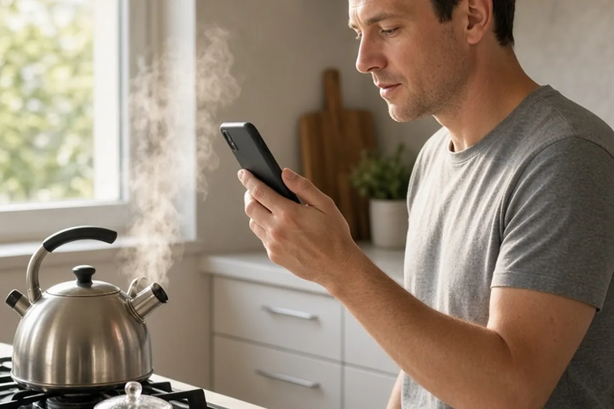 A man in his thirties recording a voice memo on his smartphone in a kitchen with a steaming kettle nearby