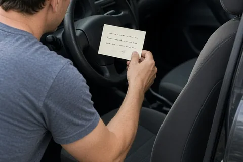 A man's hand placing a handwritten index card on the steering wheel of a parked car, with the car interior visible.