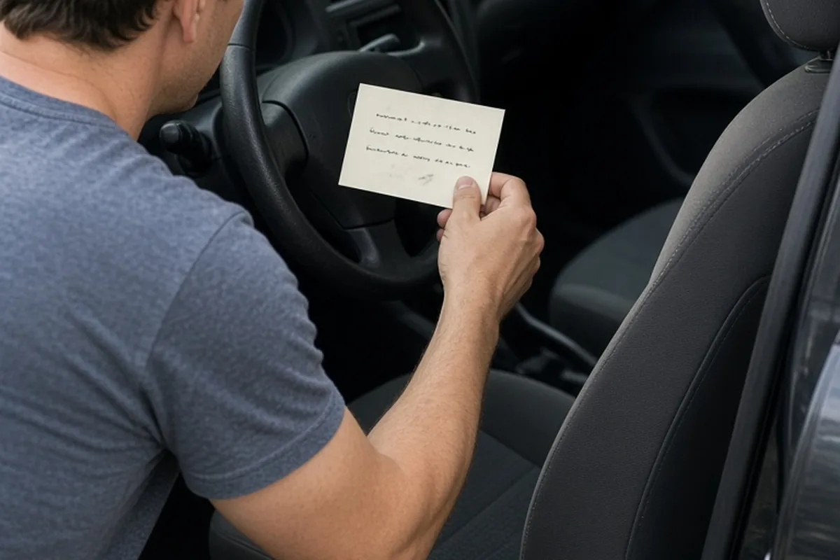 A man's hand placing a handwritten index card on the steering wheel of a parked car, with the car interior visible.