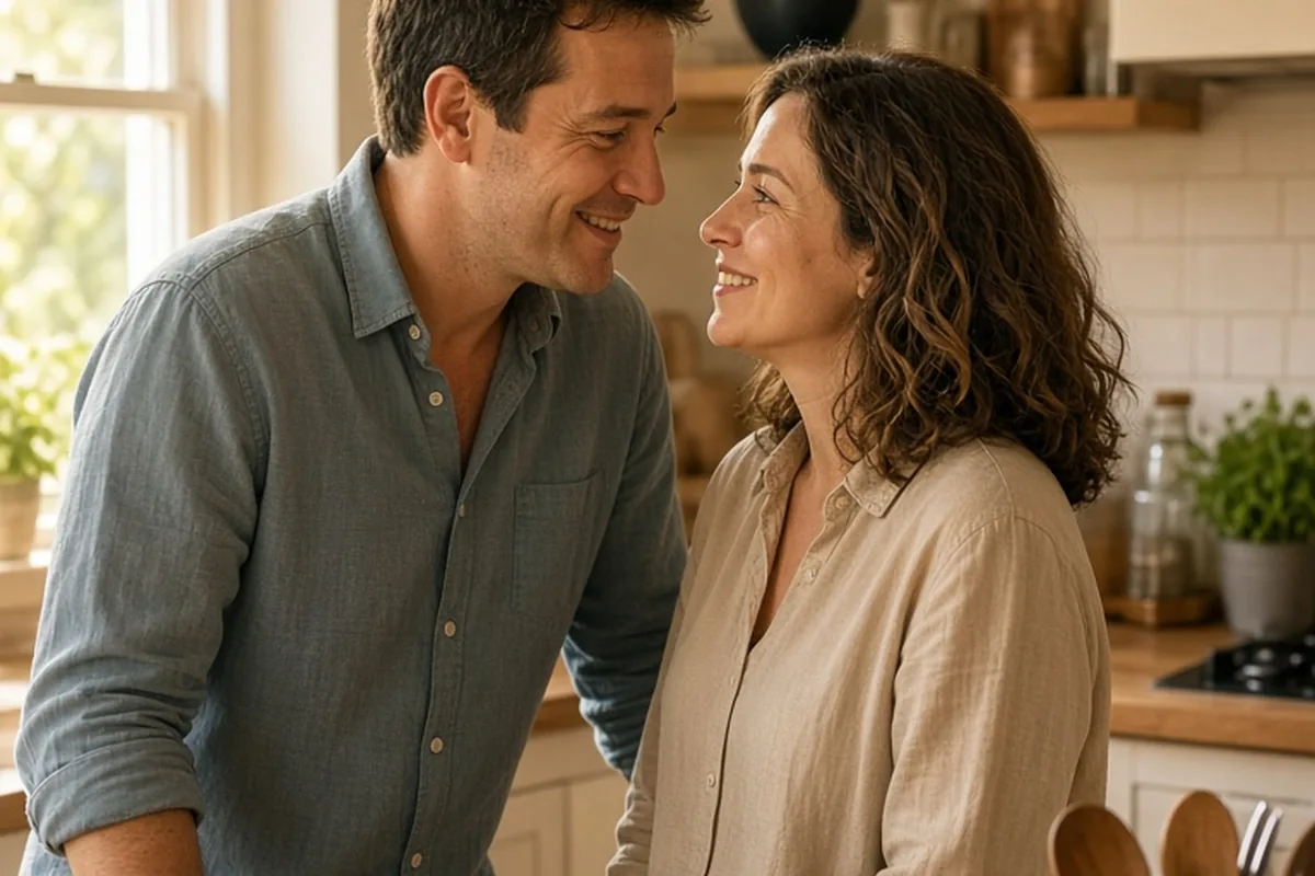 A man in a casual button-up shirt calling a woman in a casual blouse a pet name while preparing dinner in the kitchen, capturing an intimate moment