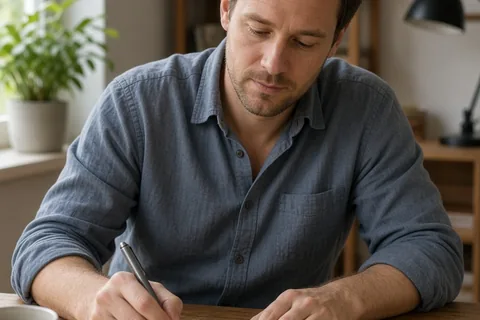 A man in his thirties with short brown hair writing a personal note with a pen at a wooden desk in a home office.