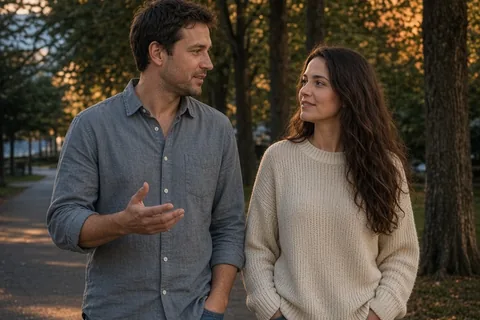 A man and woman walking on a park path at dusk, the man asking his girlfriend a gentle question